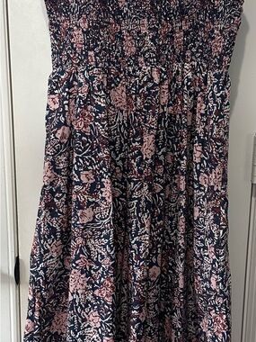 Ann Taylor Navy and Pink Floral Smocked-Waist Skirt